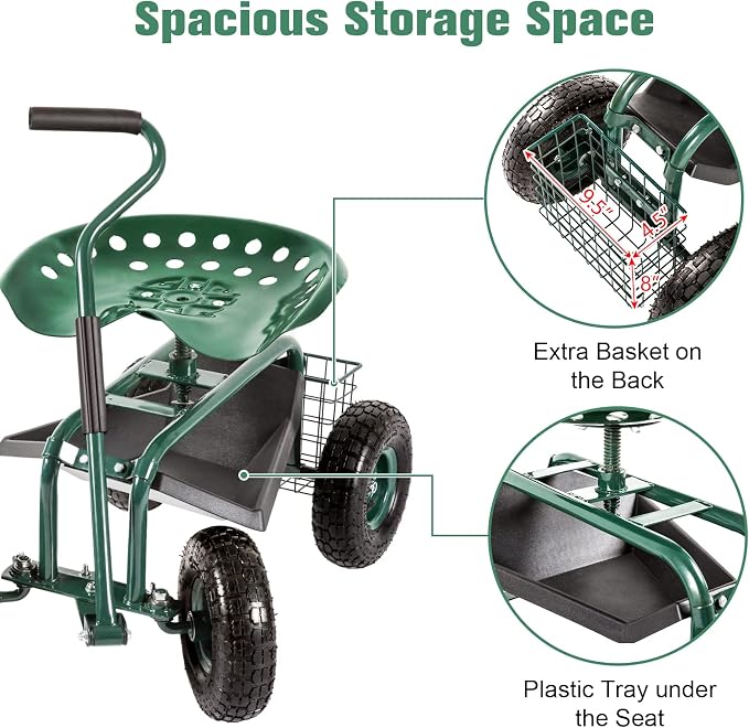 Garden Stool Cart Rolling Work Seat Outdoor Storage Basket Scooter for Adjustable 360 Degree Swivel Seat Green