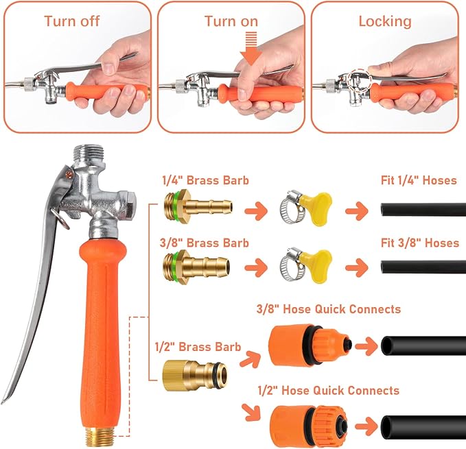 All Metal 44 Inch Replacement Sprayer Wand, Suitable for 1/2" Hose Quick Connector, 1/4" & 3/8" & 1/2" Brass Barb Sprayer Wand, Built-in Shut Valve Stainless Steel, W/2 Hose Clamps & 2 Rolls Raw Tape