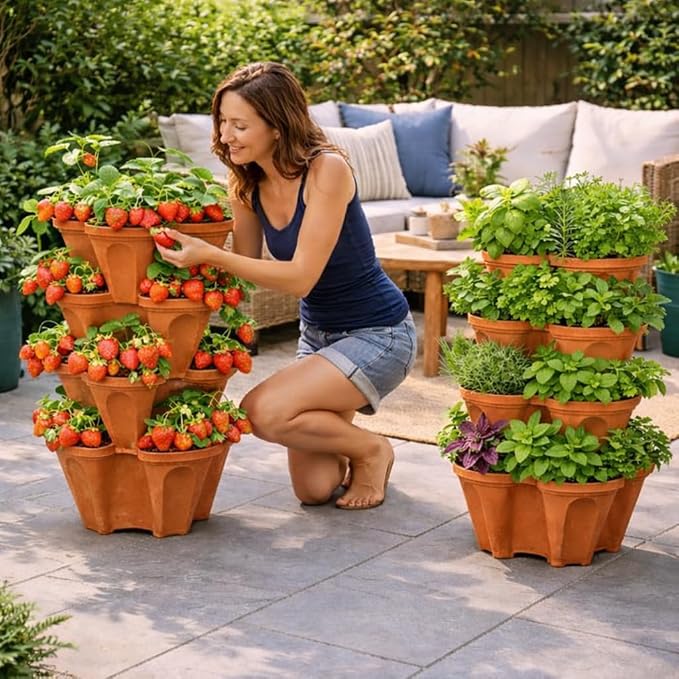 Vertical Garden Planter 4 Tier Stackable System 16 Plants, Space Saving Herb, Strawberry & Food Crop Planter with Center Support Hole for Indoor Outdoor Gardening (4, Terracotta, Small)