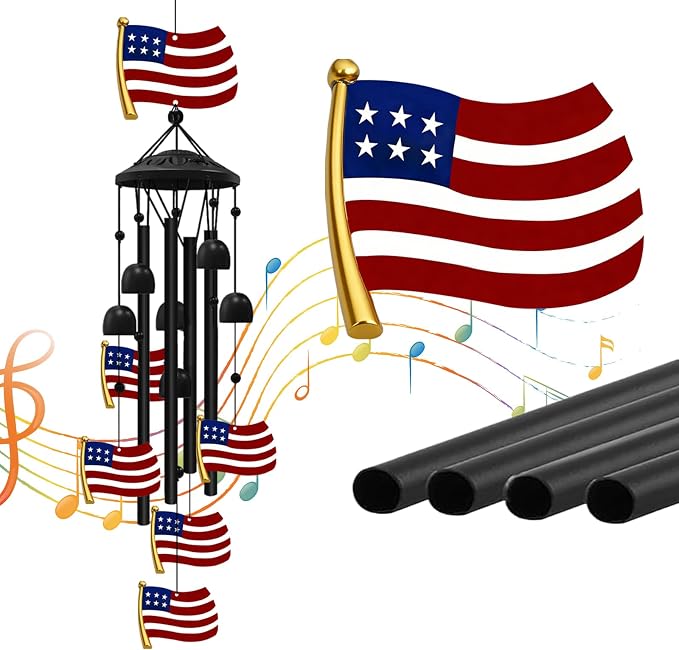 American Flag Patriotic Wind Chime, Red White Blue Aluminum Tube Wind Chimes Waterproof Hanging Ornament for Front Porch Garden Yard, 4th of July Independence Day Memorial Day Veterans Day Gift