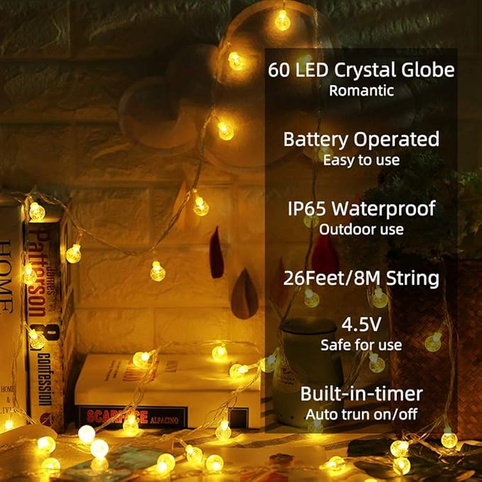 Metaku Globe String Lights Fairy Battery Operated 26ft 60LED with Remote Waterproof Indoor Outdoor Hanging Decorative Christmas for Home Party Patio Garden Wedding