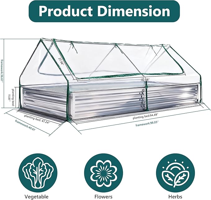 DUMOS Galvanized Raised Garden Bed with Cover, 8x4x1ft Metal Planter Box Outdoor for Deep-Rooted Vegetables Flowers Herbs, Garden Bed Mini Greenhouse for Patio Balcony Backyard, Open Bottom, Clear