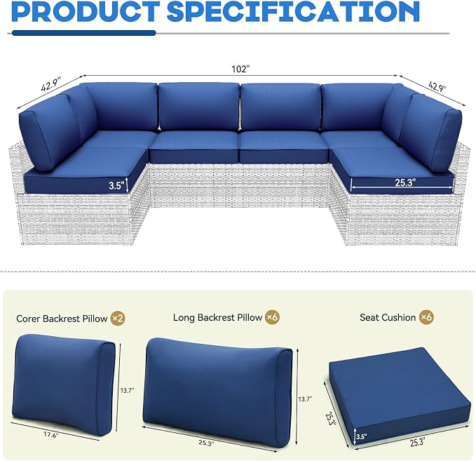 Outdoor Replacement Cushions for Patio Furniture,Water-Resistant Sofa Cushion for Rattan Wicker Sectional Patio Conversation Sets,14-Piece Outdoor Couch Cushion, Deep Blue