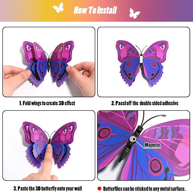 SAOROPEB 3D Butterfly Wall Decor, 24 Pcs Double Layer Butterfly Decorations for Party Decorations Locker Decor Refrigerator Decal, Reusable (Purple)