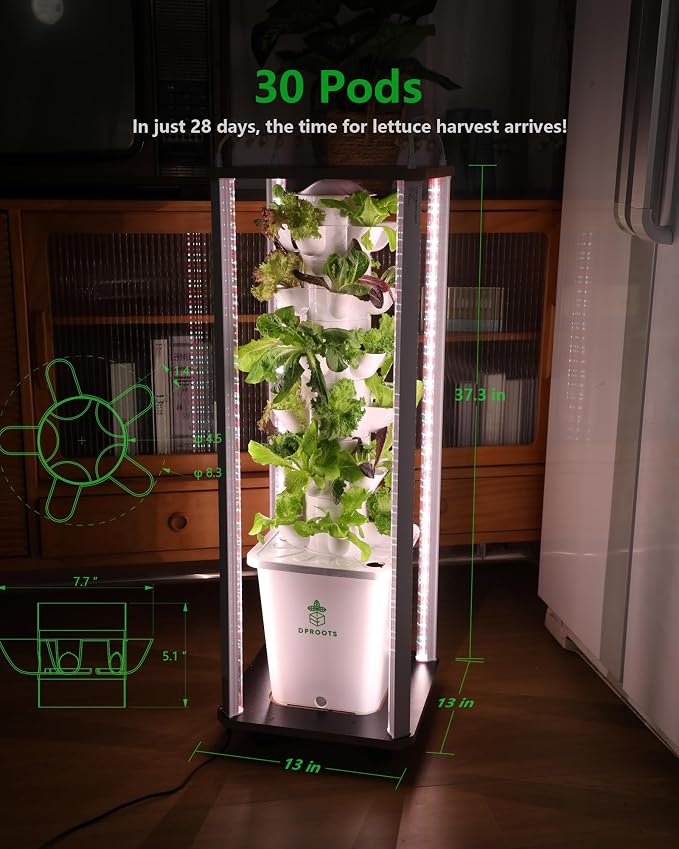 Hydroponic Tower Growing System, 30 Pods Vertical Indoor Garden | 360° Full-Spectrum Lights, Automatic Water Circulation System, Suitable for Leafy Greens and Herbs