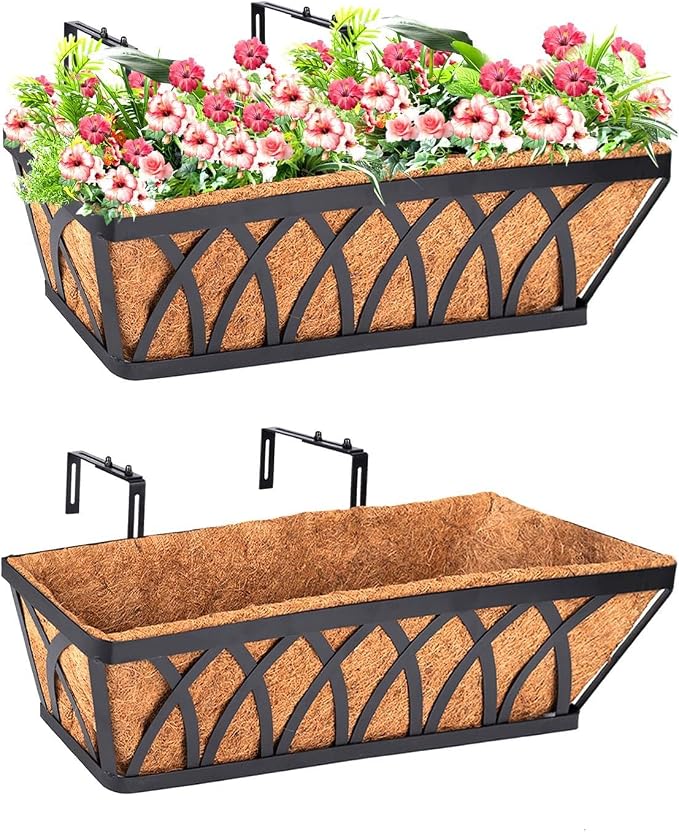 LCHUANG Deck Railing Planter Window Box - 2 Pack 30 Inch Deck Balcony Rail Planter with Coconut Coir Liner, Fence Metal Hanging Flower Planter Basket Deck Railing Planter Boxes for Outdoor Lawn