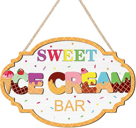 HOURIA Colorful 3D Ice Cream Summer Wooden Sign (11.4”x7.5”), Vintage Sweet Ice Cream Bar Sign Hanging Plaque,Sweet Summer Themed Wall Decor for Birthday Party Shop Holiday Home Decor