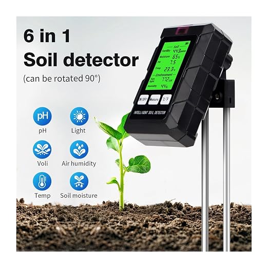 90 Degrees Rotation 6 in 1 Soil Meter Soil PH Tester Moisture Fertility Temperature Air Humidity Light Detector for Garden