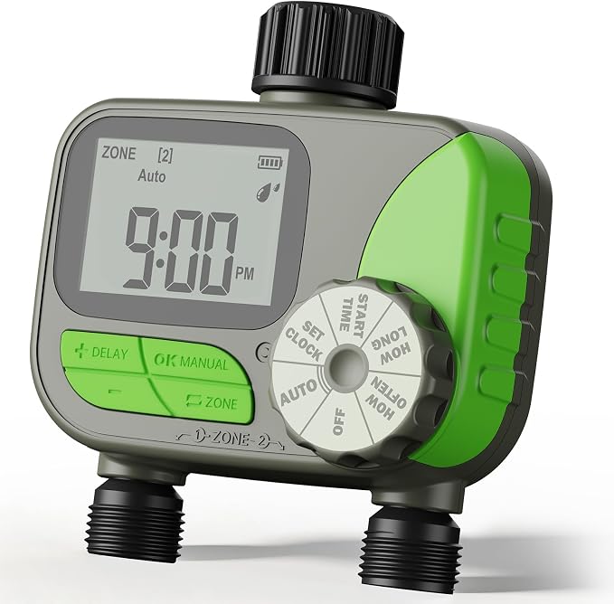Sprinkler Timer- Hose Timer for Garden Hose, Programmable Watering Timer with Rain Delay, Outdoor Automatic & Manual Drip Irrigation Controller System for Lawn Yard Greenhouse, 2 Outlets