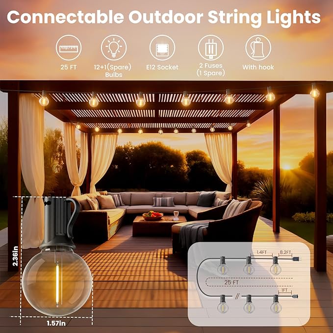 RTTY Outdoor String Lights 25 FT, G40 Led Patio Globe Lights with 13pcs Plastic Bulbs, Shatterproof Waterproof Connectable Hanging for Porch Cafe Bistro Backyard Gazebo Balcony Deck Party