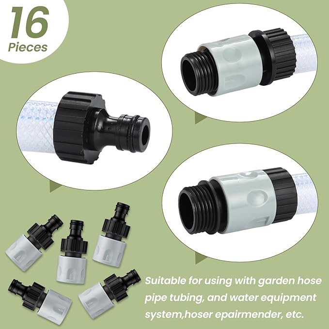 Hotop 16 Pieces Garden Hose Quick Connector 3/4 Inch Plastic Water Hose Fittings Male and Female Connectors End Adapters with 10 Pieces Rubber Gaskets(Gray, Black)