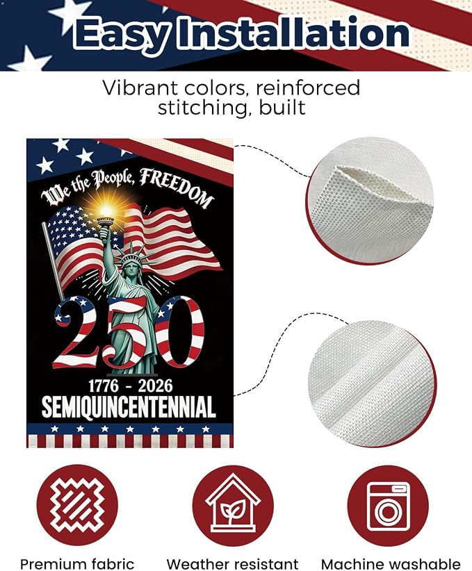250 Years America Garden Flag, 250th Anniversary USA Patriotic 4th of July Double-Sided Waterproof Banner with Freedom Yard Sign, We The People, 1776-2026 Commemorative, 28 x 40 Inch