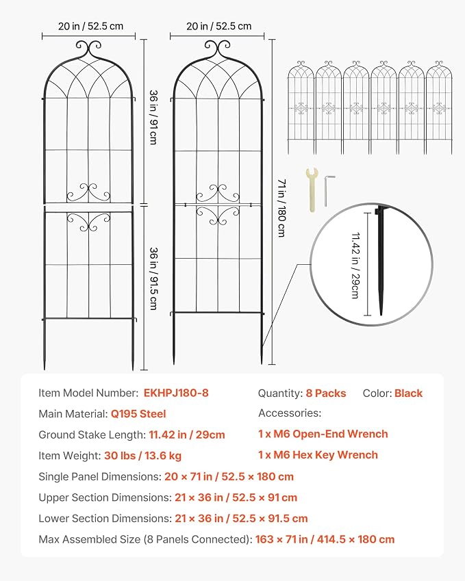 VEVOR Garden Trellis, 71 x 20 inch Rose Trellis, 8 Packs Garden Flower Rose Trellises with Powder-Coated Finish & Convenient Locking Design, Plant Support Trellises for Flowers, Vegetables, Roses