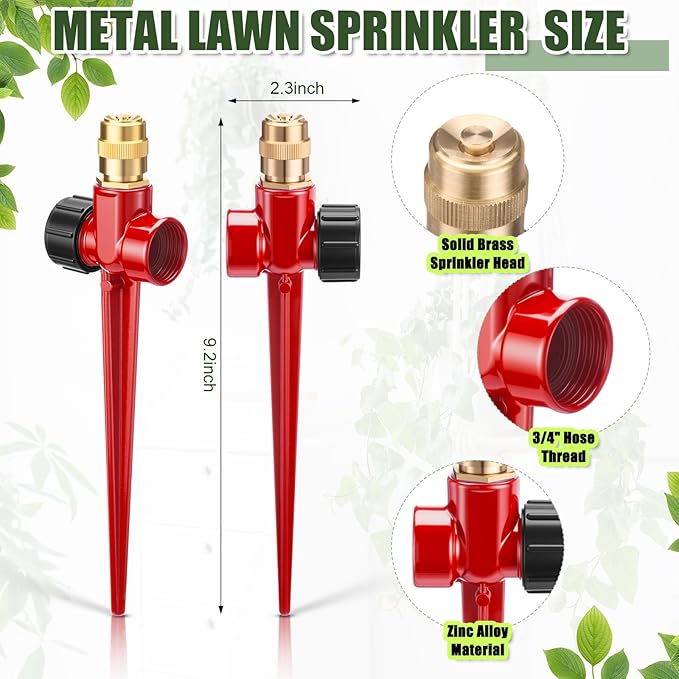 Tioncy 4 Pack Metal Lawn Sprinkler Automatic Garden Water Sprinkler on Spike Base 360 Degree Rotation with Adjustable Brass Nozzle for Lawn Garden Yard (Red)