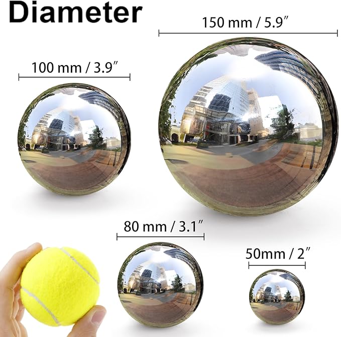 yarlung 10 Pack Stainless Steel Gazing Balls, 50-150 mm Garden Mirror Globe Floating Pond Sphere, Silver Polished Hollow Ball Reflective Ornament for Home Yard Outdoor Lawn Decoration