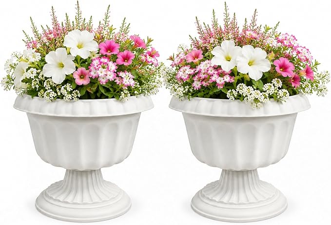 Usocik 12 Inch PP Resin Urn Planters 2 Pack Stone Gray | 2 pack stone gray PP resin urn planters with solid bottom for porch patio entryway balcony and indoor decor