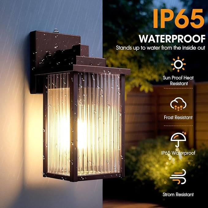 2 Pack of 13 Inch Oil-Rubbed Bronze Outdoor Wall Lights, Dusk to Dawn Exterior Light Fixture, IP65 Waterproof Rust-Resistant Metal & Textured Glass Wall Mount Sconce for Porch Garage Entryway