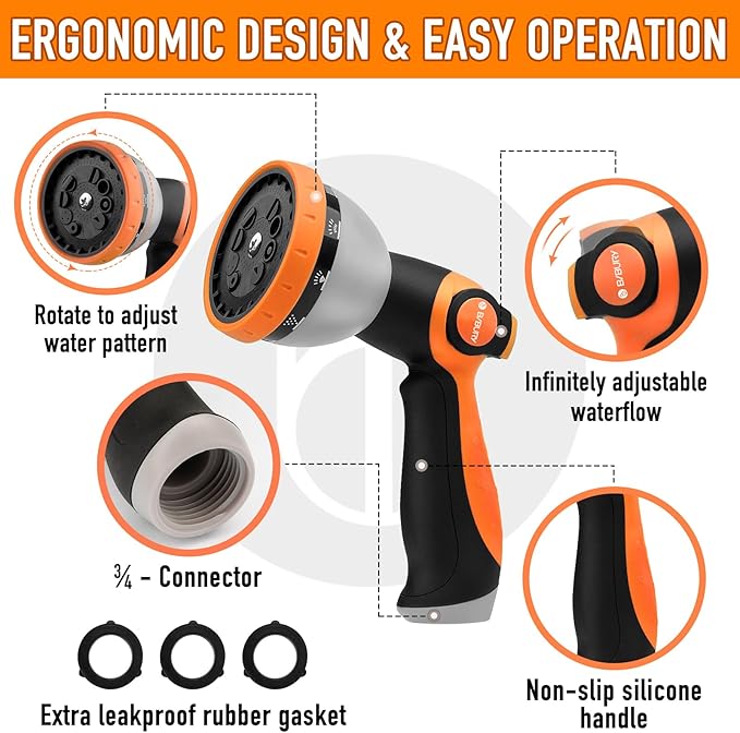 Water Hose Nozzle Sprayer, BIBURY Hand Sprayer with 10 Spray Patterns and On Off Valve Thumb Control, High Pressure Garden Hose Spray Nozzle for Watering Plants, Cleaning, Car Wash and Showering Pets