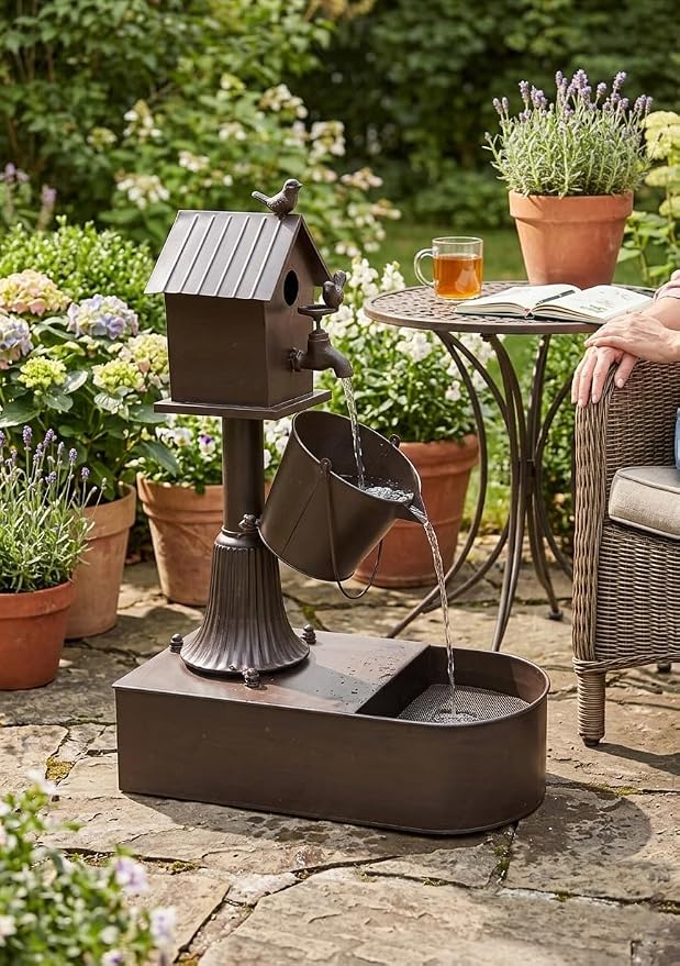 Metal Water Fountain Outdoor 27" Birdhouse Waterfall Fountain, Rustic Outdoor Water Fountain with Tilted Bucket for Garden Patio Yard Deck Decor, Dark Bronze