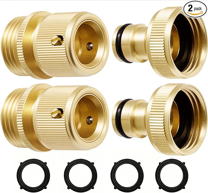 RainPoint Garden Hose Quick Connectors, Heavy Duty Solid Brass 3/4 Inch GHT, Universal Leak-Proof Fittings for Easy Water Hose Connection (2 Sets)