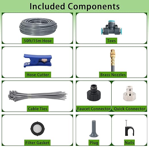 50FT 5/16" Quick-Connect Drip Irrigation System Kit, Automatic Garden Watering System with 15 Pcs Adjustable Spray Nozzles for Garden, Greenhouse, Yard, Lawn