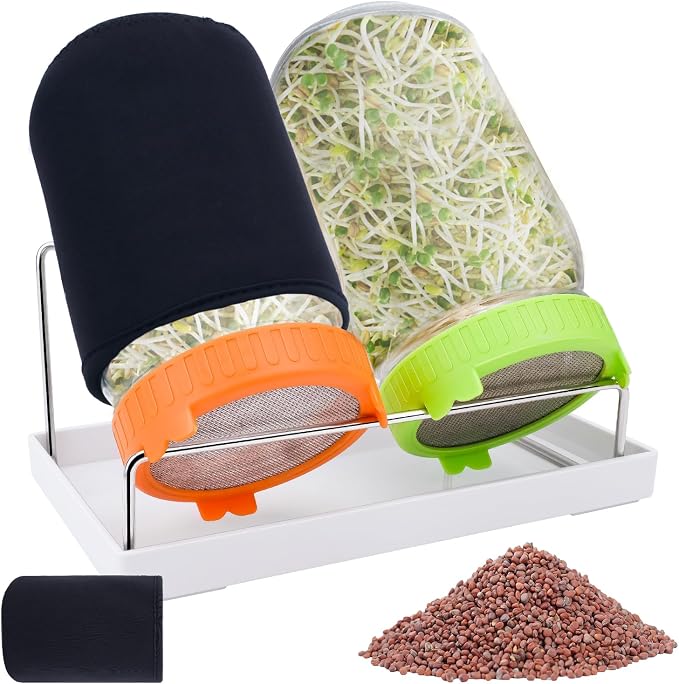 Seed Sprouting Jar Kit with Radish seed 2.9oz, 2 Large Wide Mouth Mason Jars with Sprouting Lids, Blackout Sleeves, Drain Tray, Sprouts Growing Kit for Growing Bean, Alfalfa, Radish Sprout Seeds
