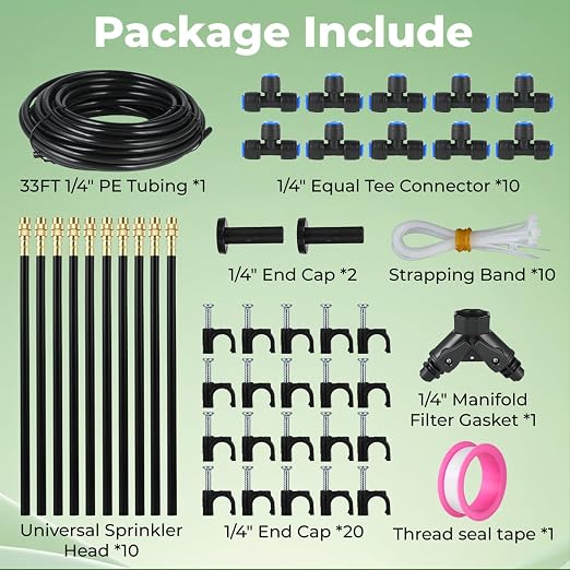 Drip Irrigation System for Watering Garden: 31FT Automatic Atomizing Kits with Parts Include Fittings 1/2" 1/4" Tubing Hose Quick Connect 10 PCS Adjustable Sprinklers for Outdoor Lawn Yard Greenhouse
