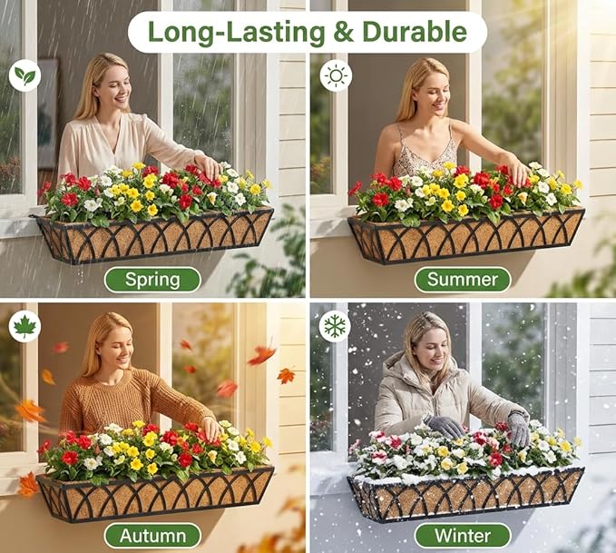 Y&M 4 Pcs 30'' Deck Railing Planters Outdoor Balcony, Large Metal Window Box Deck Railing Planter with Coco Liner for Outdoor Balcony Porch Fence Patio Rail