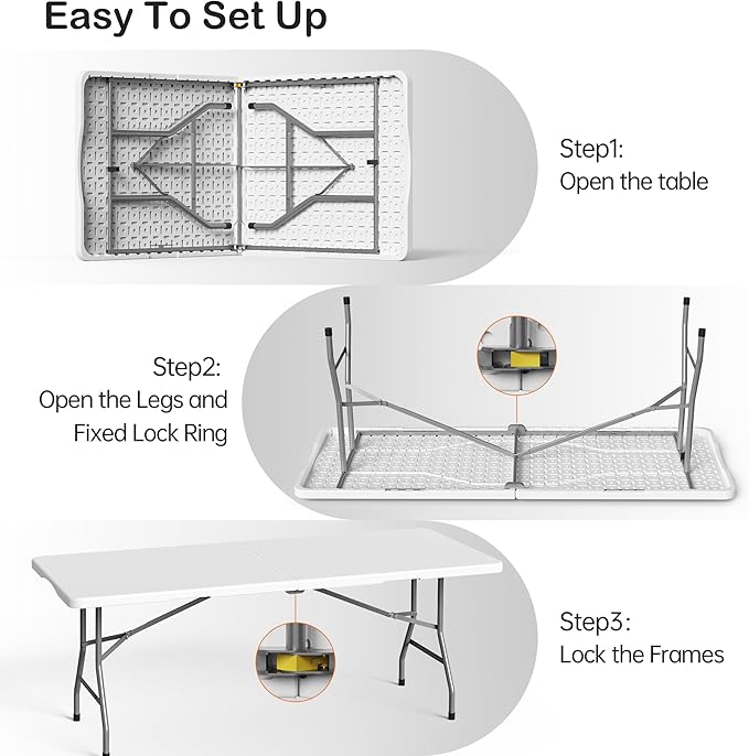 VSOAEIL Set of 2 6 Foot Folding Table for Indoor Outdoor, Portable Heavy Duty Fold-in-Half Utility Plastic Foldable Dining Table with Carrying Handle for Picnic, Camping and Party, 2 Pack White
