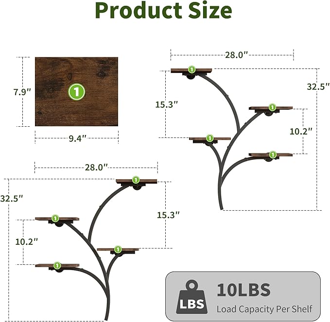 POZILAN Wall Planters for Indoor Plants, 2 Pack 8 Tiered Wall Mount Plant Holder, Sturdy Metal & Wood Hanging Planters for Living Room Window, Wall Plant Stand Indoor for Home Decor & Multiple Plants