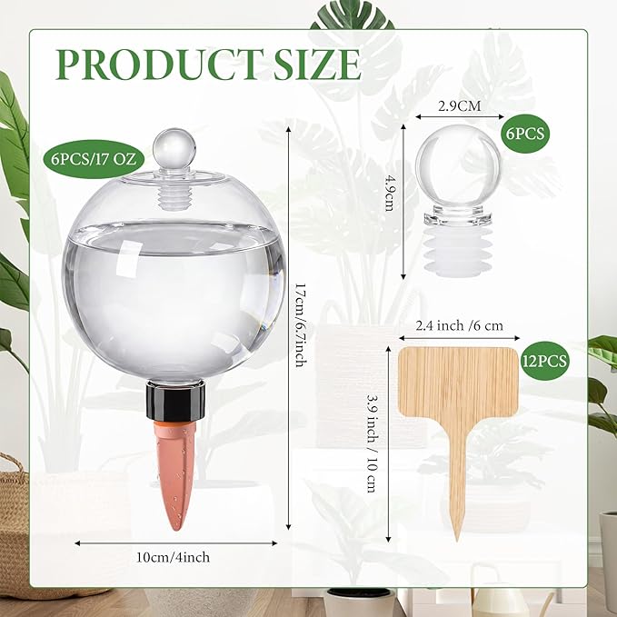Zhehao 6 Pack Self Watering Globes with Plant Labels, 17 oz Top Fill Self Water Planter Insert Slow Release Automatic Water Bulbs Plastic Plant Watering Devices System with Terracotta Spike Stakes