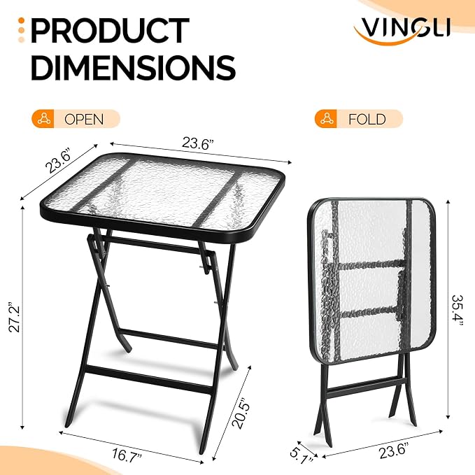 VINGLI Folding Glass Outdoor Side Table, 23.6 Inches Small Foldable Patio Bistro Table with Tempered Glass Table Top for Lawn & Garden, Balcony, Porch and Pool, Rectangular