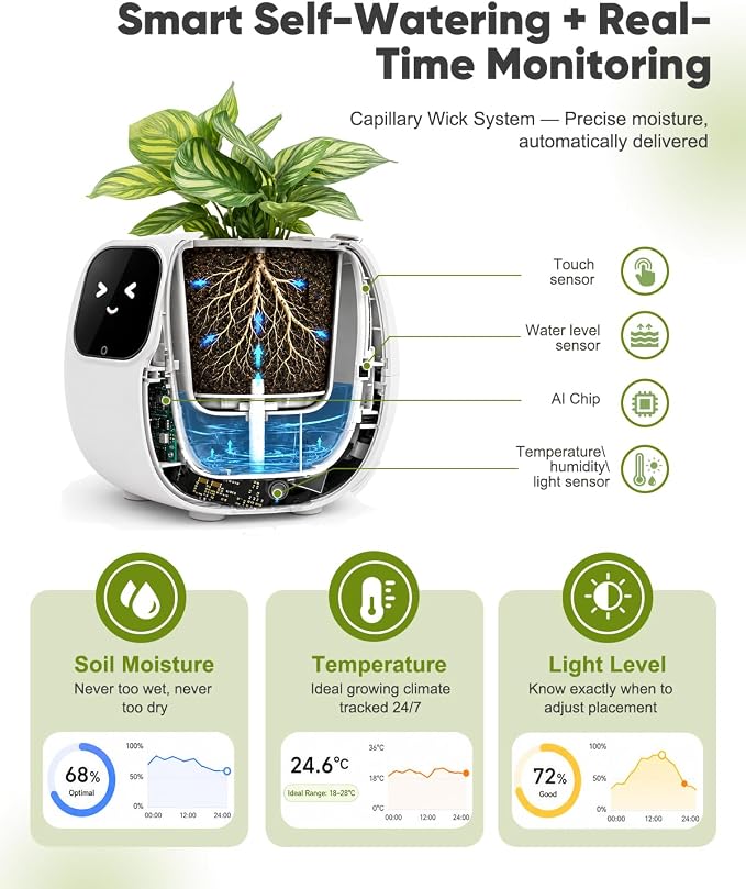 Smart Plant Pot with Emotion Display, Touchscreen & No App Needed, Auto Self-Watering with Alarm Clock & Plant Monitor, Unique Birthday Gift for Women, Plant Lovers & Housewarming