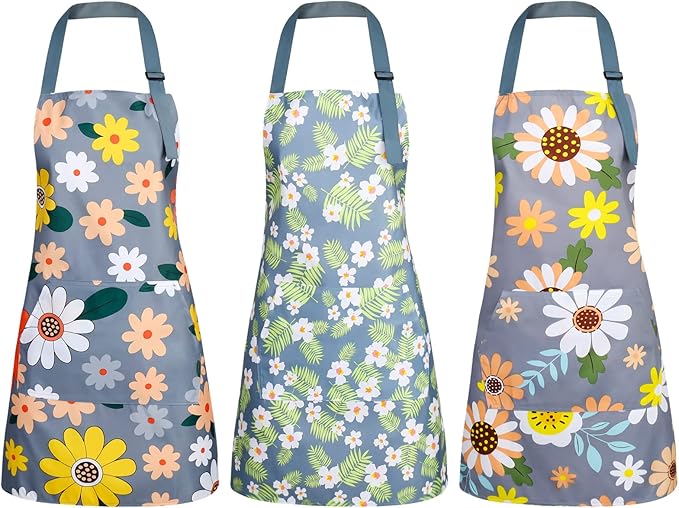 BOUMUSOE 3 Pack Floral Aprons with Pocket, Blooming Womens Aprons Waterproof Adjustable Cooking Apron for Kitchen Gardening