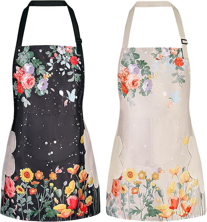 DILLMAN 2 Pack Floral Aprons with Pocket Blooming Womens Waterproof Adjustable Cooking Aprons Kitchen Gardening Salon