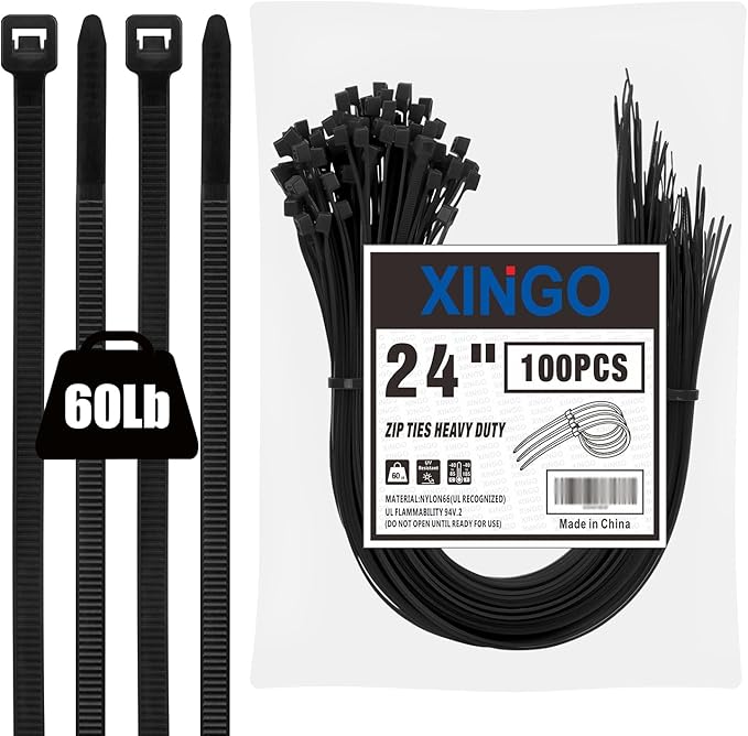 XINGO 24 inch Black Zip Ties Heavy Duty (100 Pack), 60lb Tensile Strength, UV Resistant Cable Ties for indoor and outdoor use