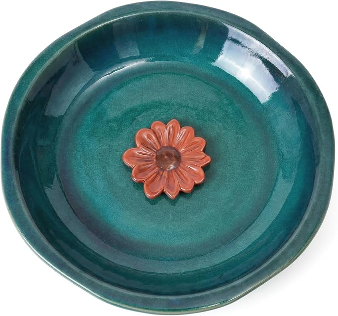 Topadorn 12.2'' Ceramic Birdbath & Birdfeeder for Small Birds Outdoors, 2" Depth Bird Bath Bowl for Vintage Garden Patio Yard Lawn Decor, Blue with Red Flower