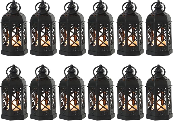 12-Pack Mini Lanterns with Flickering LED Candles for Ramadan, Moroccan Decorative Hanging Lanterns for Halloween, Christmas, Wedding, Black Lantern for Table Centerpiece, Home & Party Decor