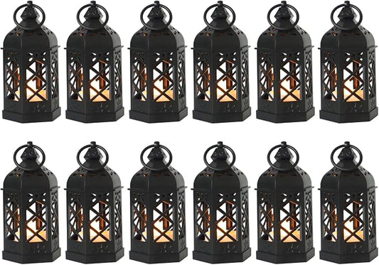 12-Pack Mini Lanterns with Flickering LED Candles for Ramadan, Moroccan Decorative Hanging Lanterns for Halloween, Christmas, Wedding, Black Lantern for Table Centerpiece, Home & Party Decor