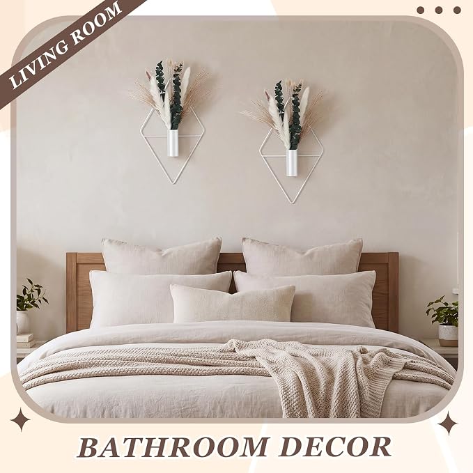 Canlierr 4 Pcs White Wall Decor Hanging Planters with Artificial Plants Eucalyptus Pampas Grass Metal Hanging Vase Indoor Plants Holder Modern Boho Wall Art for Bathroom Bedroom Living Room Decor