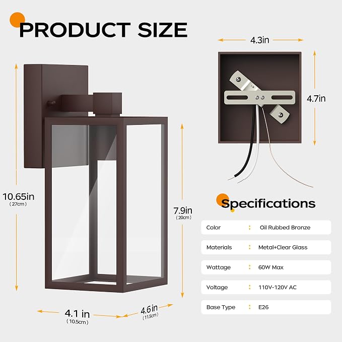 Oil Rubbed Bronze Outdoor Front Porch Light Fixture Wall Mount, LED Exterior lighting fixtures, Waterproof Wall Sconce Lantern Lamp, Outside Coach Lights for House, Patio, Garage, Doorway, Entryway