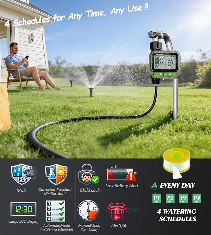 Smart Sprinkler Timer, 4-Zone Programmable Outlet Watering timers, IP65 Waterproof Automatic/Manual Hose Timer with Child Lock for Lawn, Yard, Garden, and Pool (one)