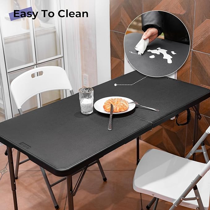 Byliable Folding Table 4 Foot Portable Heavy Duty Plastic Fold-in-Half Utility Table Small Indoor Outdoor Adjustable Height Folding with Carrying Handle, Camping and Party, Black