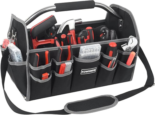 Kowsinde 16 Inch Tool Bag, Electrician Tool Bag, Open Top Tool Bags, 26 Pockets Can Hold Many Tools, Steel Handle and Removable Shoulder Strap