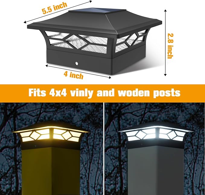 Solar Post Cap Lights Outdoor 8pack, Waterproof Solar Powered Deck Fence Post Lights for 4x4 Wood/Vinyl Posts, Solar Outdoor LED Light with Cool/Warm Lighting (Black, 8pack)