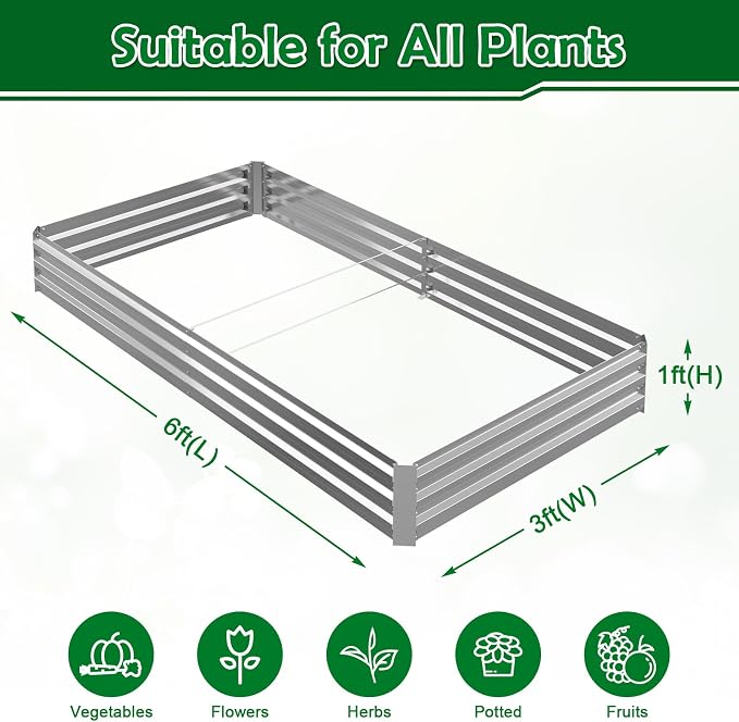 6x3x1FT Galvanized Raised Garden Bed Outdoor Patio, Large Rectangular Metal Planter Boxes,Plant Container Kit for Gardening, Vegetables, Flowers, Herbs,Silver,1 Pack