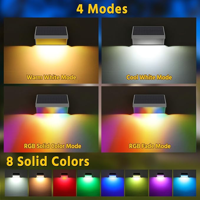 NIORSUN Outdoor Fence Lights, 16 Pack Waterproof LED Solar Fence Lights with 1500mAh Battery, Warm White/Cool White/RGB, Easy-to-Install Wall Light for Deck, Patio, Railing, Stairs, Backyard – White