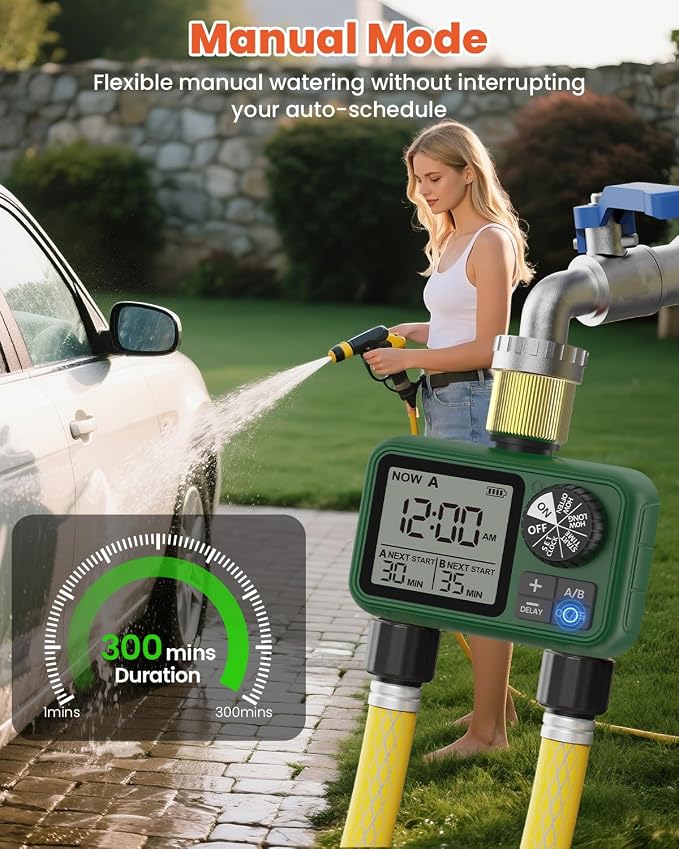 Water Timer for Outdoor Garden Hose, Sprinkler Timer for Garden Faucet with Auto/Manual/Rain Delay Mode, Sprinkler Irrigation Controller for Yard Lawn (2 Zones Brass Inlet & Outlet)