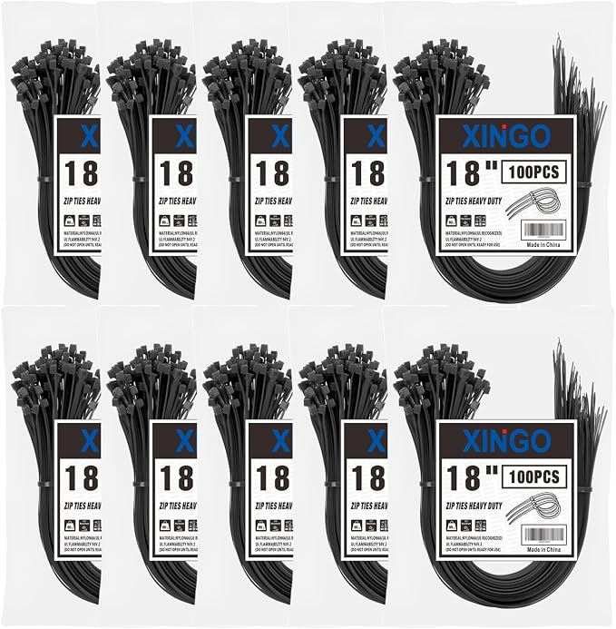 XINGO 1000PCS 18 Inch Black Zip Ties Heavy Duty, 60lb Tensile Strength, UV Resistant Cable Ties for indoor and outdoor use ﻿