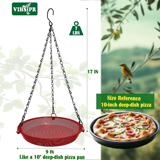 Hanging Bird Feeder for Outdoors – 9 in Metal Mesh Bird Feeder Tray Platform for Finches, Chickadees & Small Birds, Red